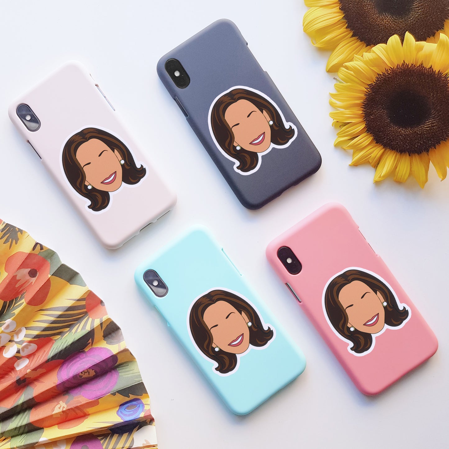 Kamala Harris Vinyl Stickers, On back of phone cases