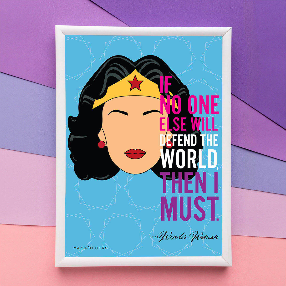 Framed poster with Wonder Woman illustration and quote on a colorful background