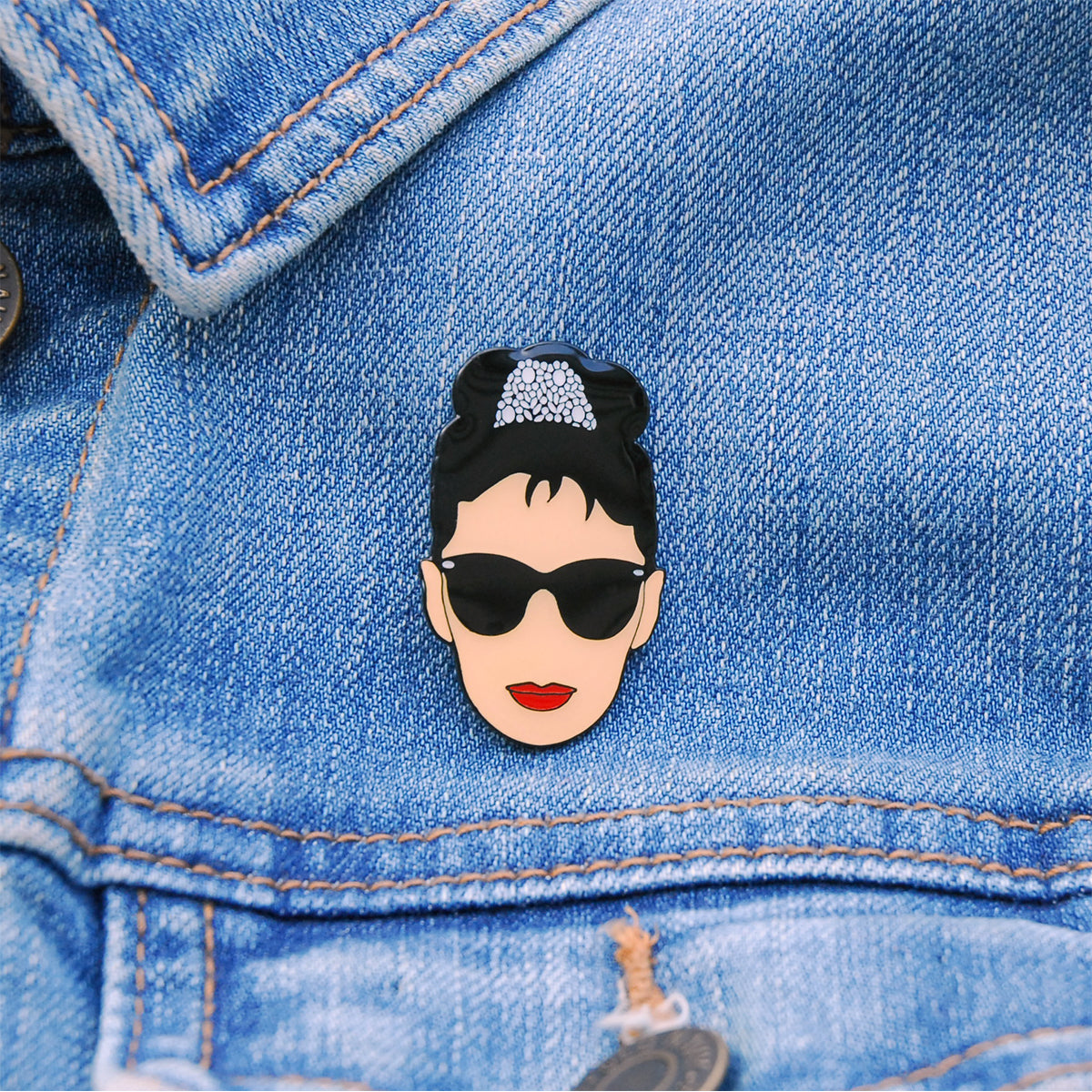 Audrey Hepburn Breakfast at Tiffanys Lapel Pin, On jean jacket