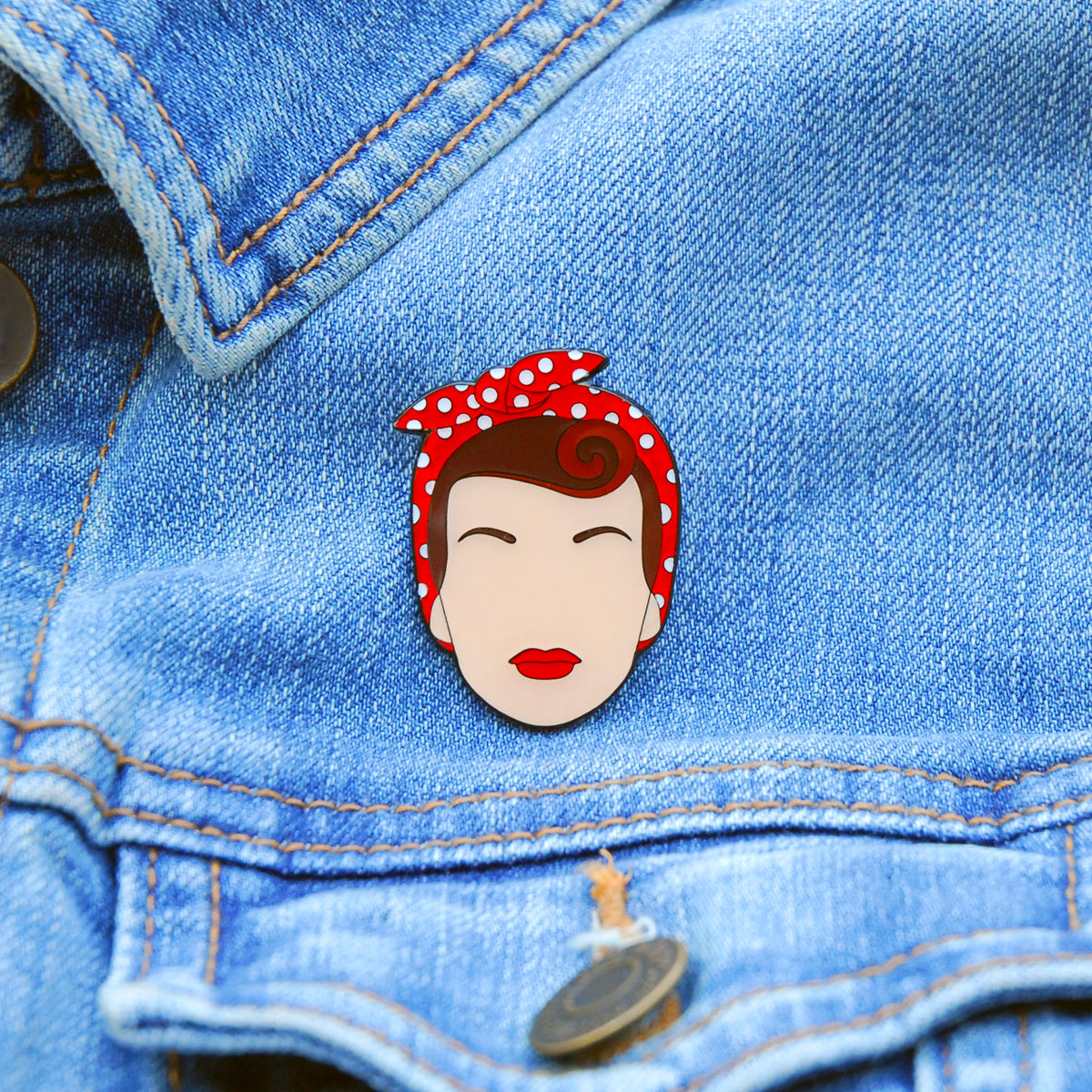 Rosie the Riveter Lapel Pin, On jean jacket