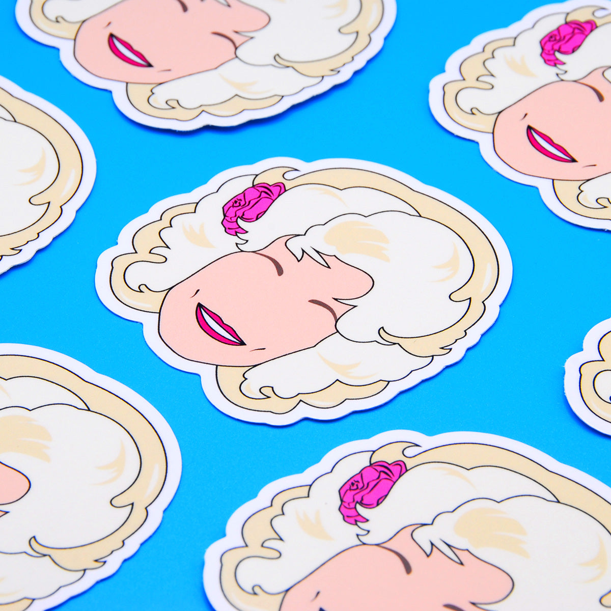 Dolly Parton Vinyl Sticker, On blue background