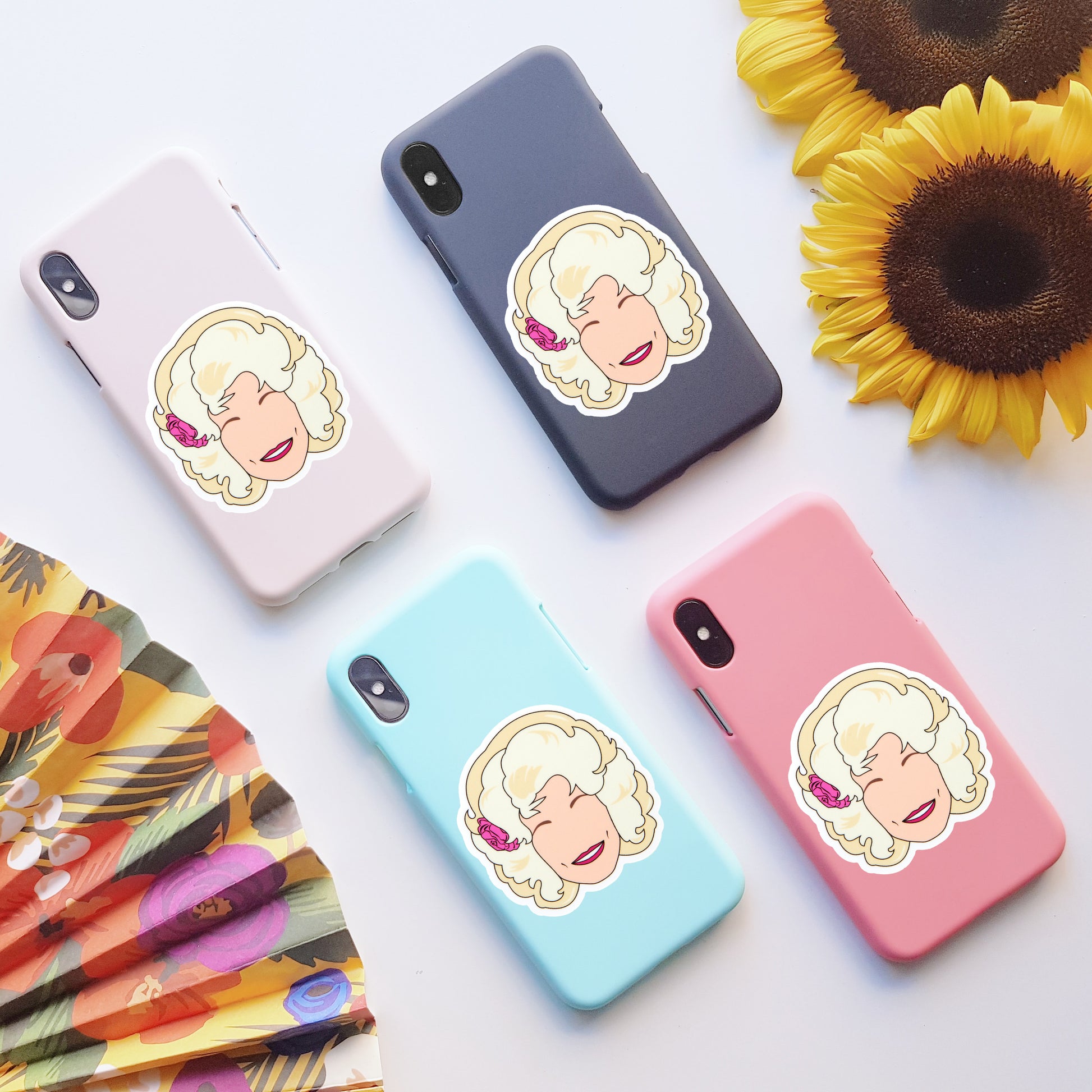 Dolly Parton Vinyl Sticker, On back of phone cases
