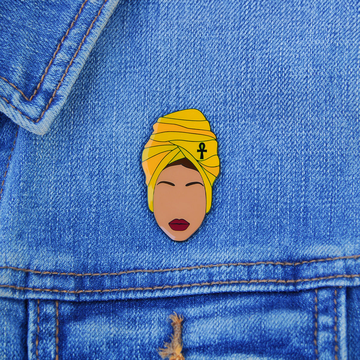Erykah Badu Lapel Pin, On jean jacket