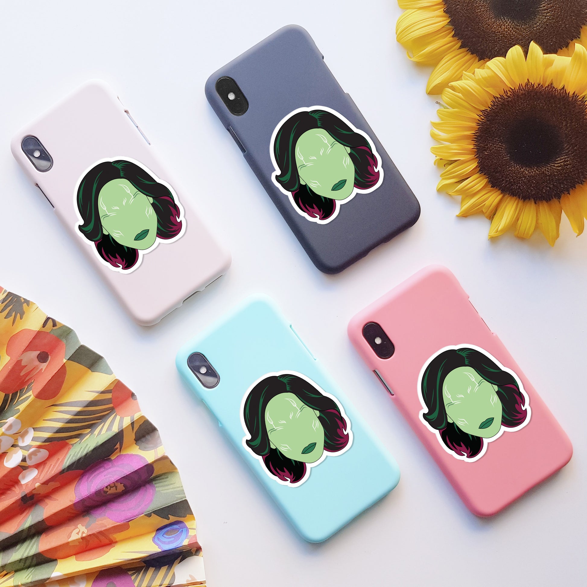 Guardians of the Galaxy Gamora vinyl sticker, on back of phone cases