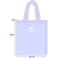 Measurement chart of a tote bag with dimensions and a logo on a white background