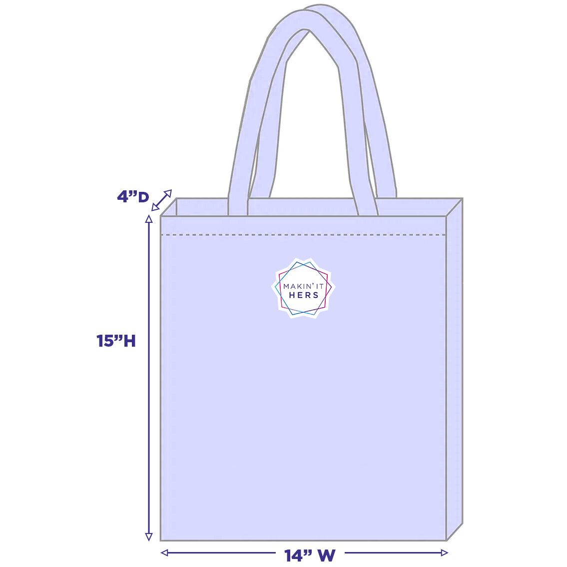 Measurement chart of a tote bag with dimensions and a logo on a white background