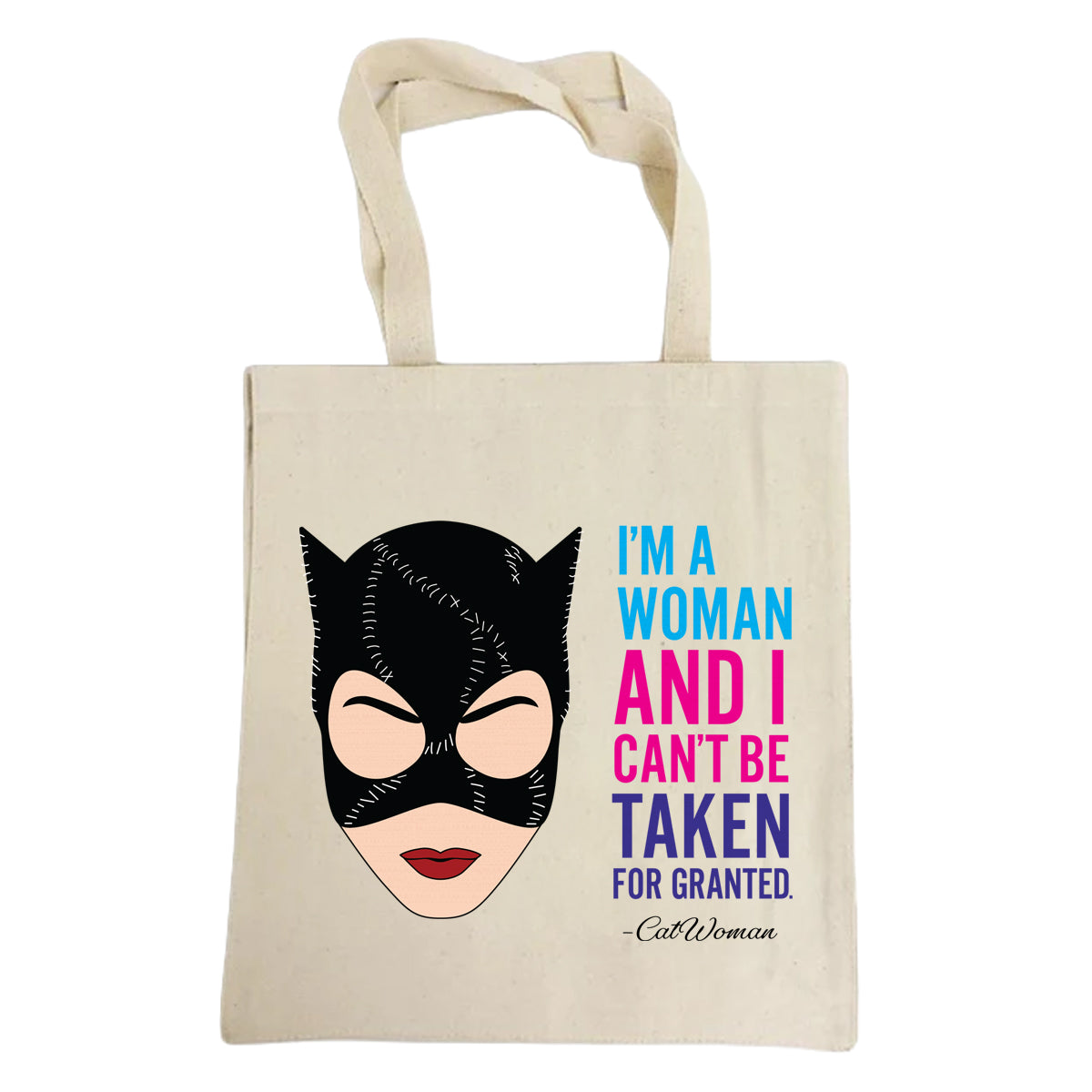 Catwoman design and quote on a canvas totebag