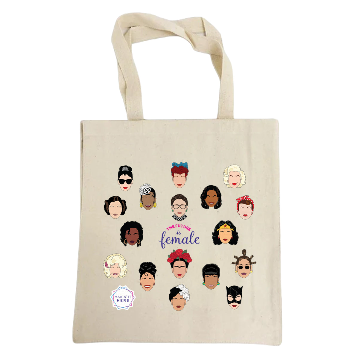 Iconic women illustrated faces and 'The Future is Female' text on a white background