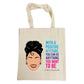 Tote bag with a graphic of Selena and a motivational quote on a beige background