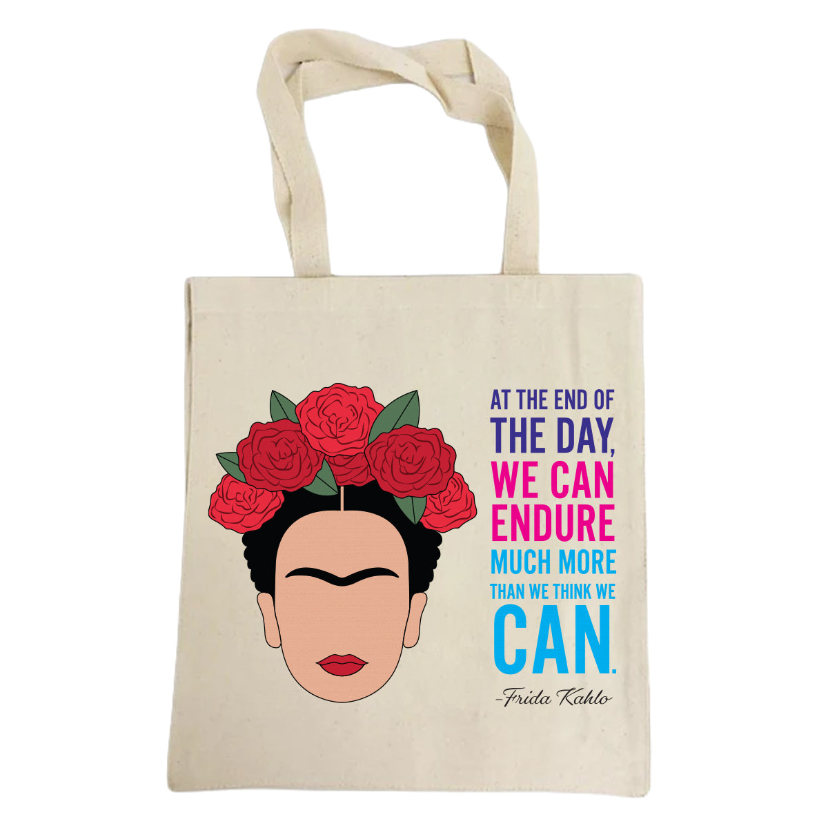 Frida Kahlo illustration and quote on a canvas totebag