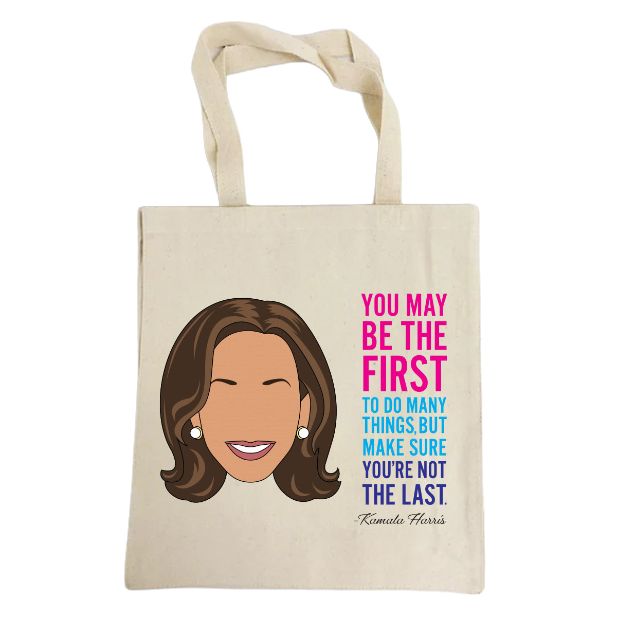 Kamala Harris illustration with a quote on a canvas totebag