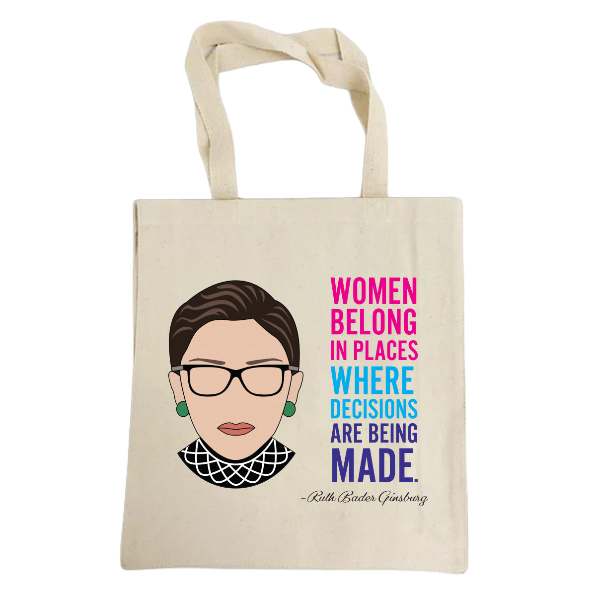 Ruth Bader Ginsburg illustration and quote on a canvas totebag