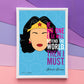 Framed poster with Wonder Woman illustration and quote on a colorful background
