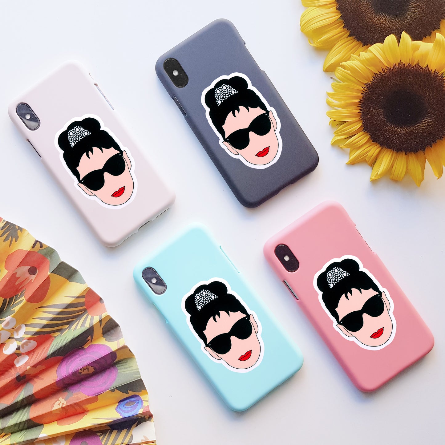 Audrey Hepburn Breakfast at Tiffanys Vinyl Stickers, On back of phone cases