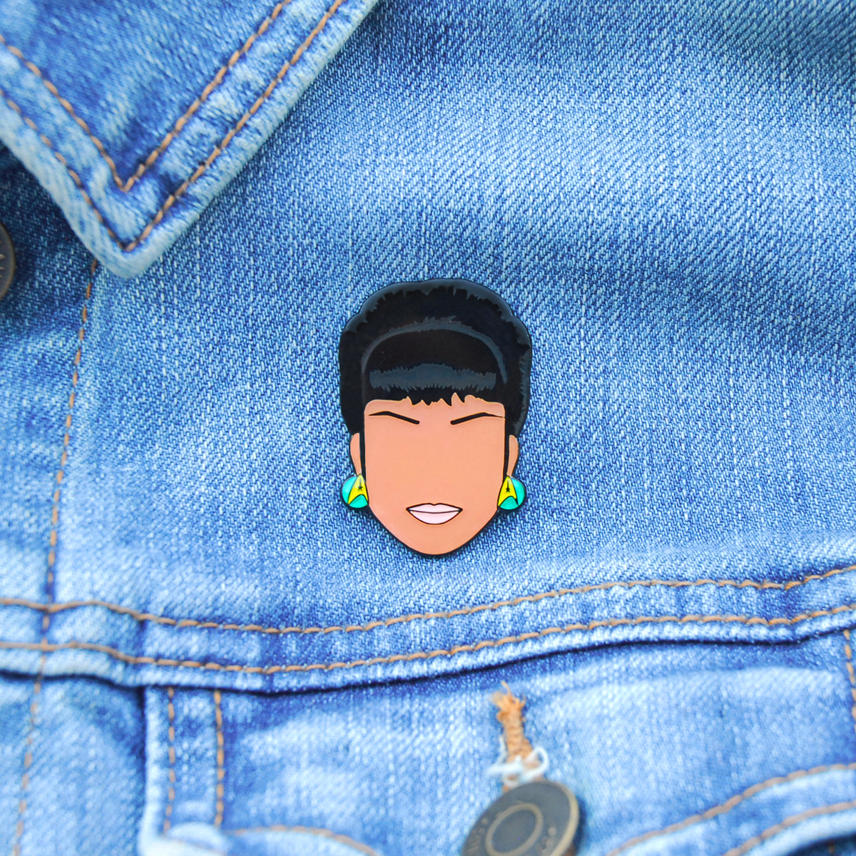 Star Trek Lieutenant Uhura Lapel Pin, On jean jacket