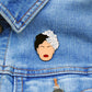 Billie Holiday Lapel Pin, On jean jacket