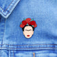 Frida Kahlo Lapel Pin, On jean jacket