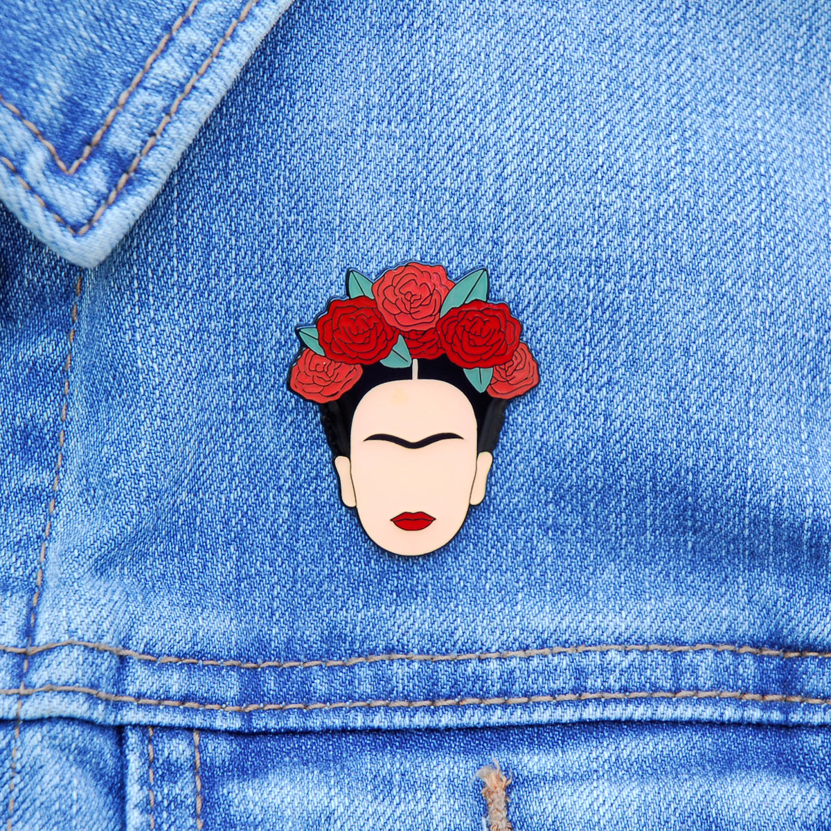 Frida Kahlo Lapel Pin, On jean jacket