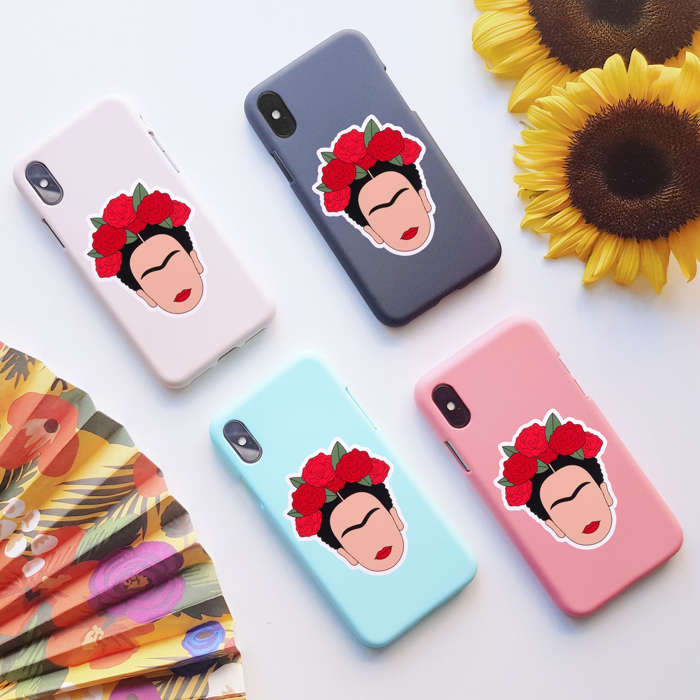 Frida Kahlo Vinyl Stickers, On back of phone cases