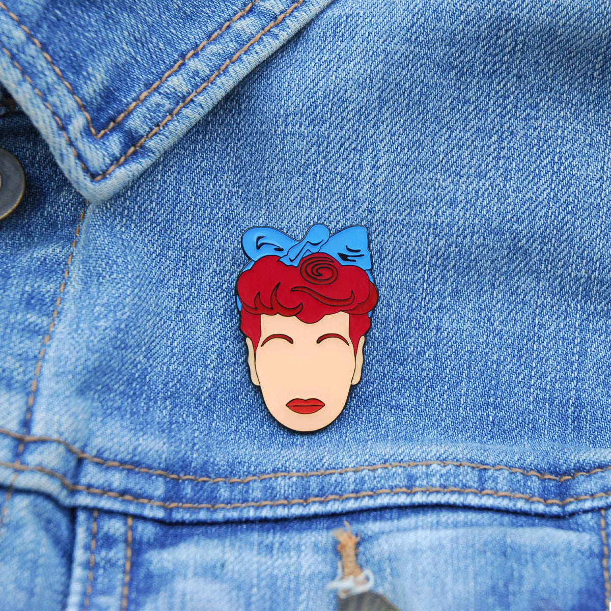 Lucille Ball Lapel Pin, On jean jacket