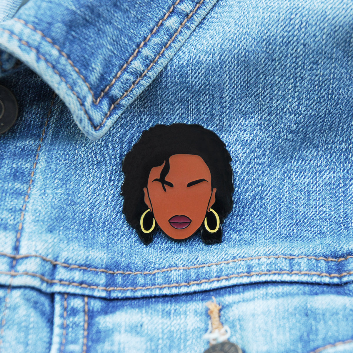 Lauryn Hill Lapel Pin, On jean jacket