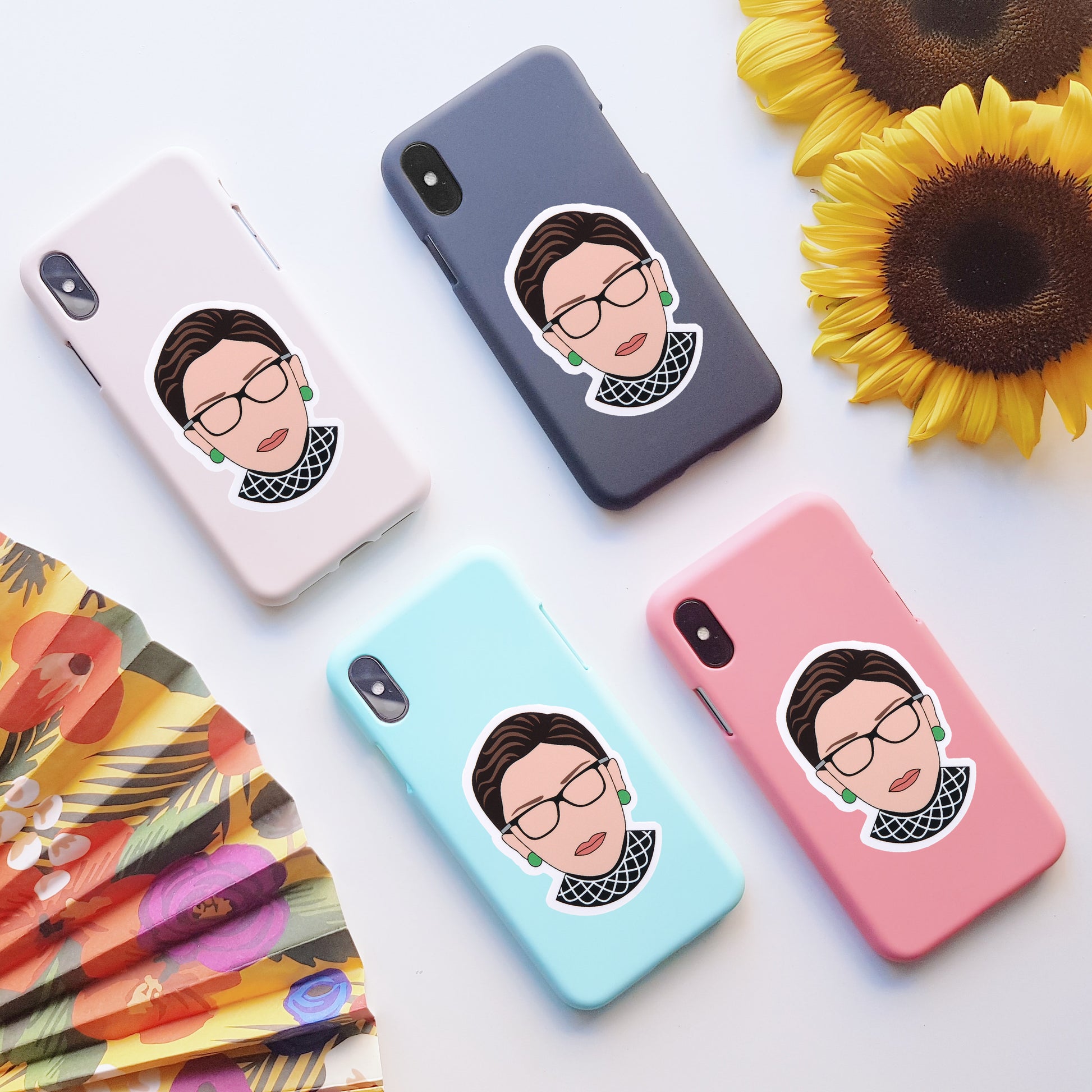 Ruth Bader Ginsburg Vinyl Stickers, On back of phone cases
