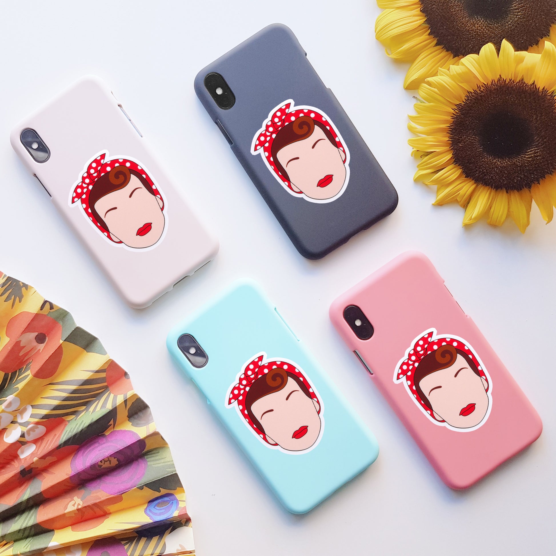 Rosie the Riveter Vinyl Stickers, On back of phone cases