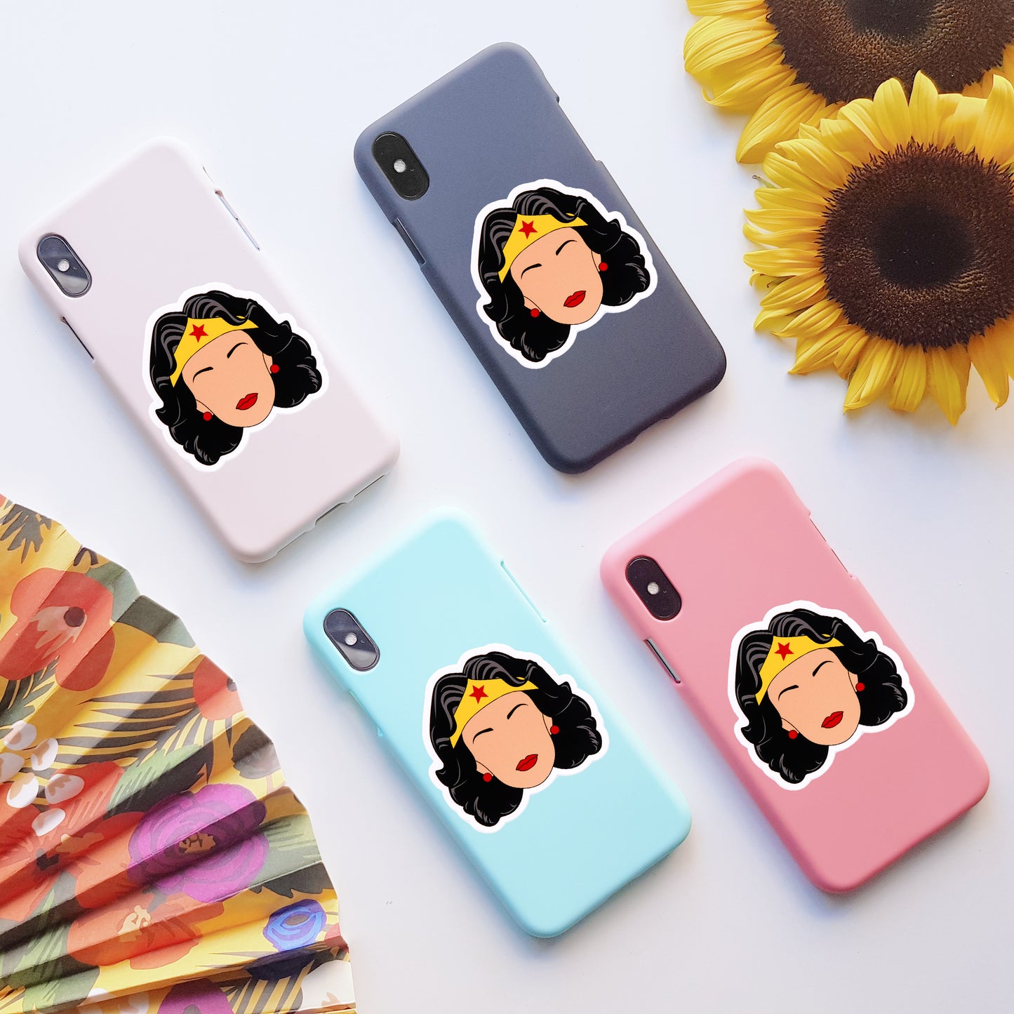 Wonder Woman Vinyl Stickers, On back of phone cases